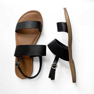 Black Two Strap Flat Sandals with Heel Strap
